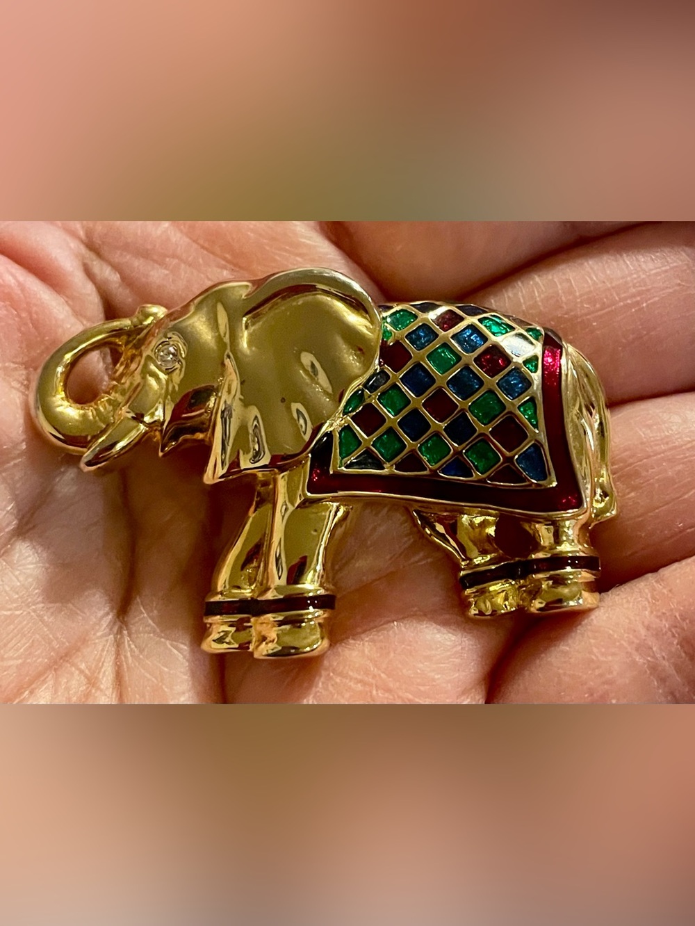 Vintage Anne Klein Gold Tone Elephant Brooch with Red, Green & Blue Enamel